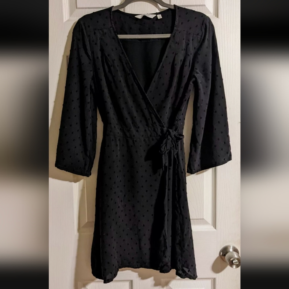 & Other Stories Black Faux Wrap Dress US 4 EU 34 3/4 Slv Swiss Dot Spring